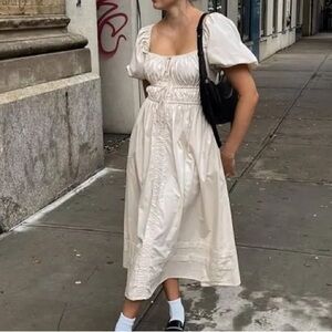 En Saison Poplin Puff Sleeve Midi Dress in Tan | Size XS